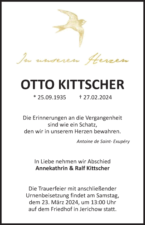 Traueranzeige von Otto Kittscher von Volksstimme Burg/Genthin