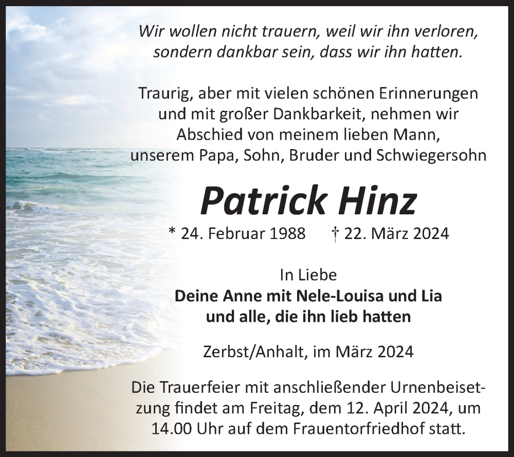  Traueranzeige für Patrick Hinz vom 30.03.2024 aus Volksstimme Zerbst
