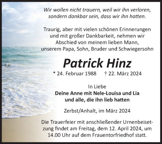 Traueranzeige von Patrick Hinz von Volksstimme Zerbst