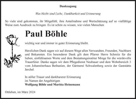 Traueranzeige von Paul Böhle von Volksstimme Oschersleben/Wanzleben