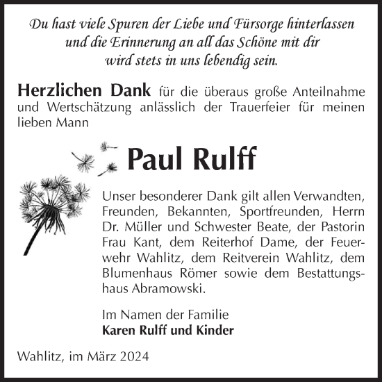 Traueranzeige von Paul Rulff von Volksstimme Burg/Genthin