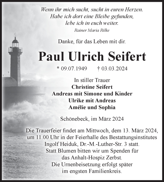 Traueranzeige von Paul Ulrich Seifert von Volksstimme Schönebeck