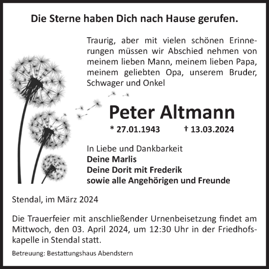 Traueranzeige von Peter Altmann von Volksstimme Altmark Ost