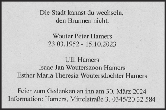 Traueranzeige von Peter Hamers von Mitteldeutsche Zeitung Halle/Saalkreis