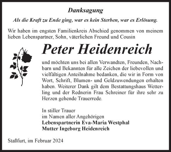 Traueranzeige von Peter Heidenreich von Volksstimme Staßfurt