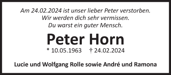 Traueranzeige von Peter Horn von Volksstimme Schönebeck