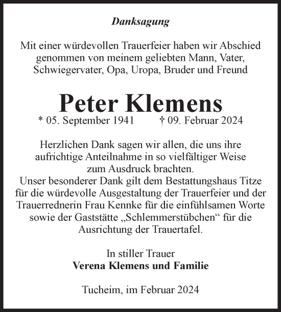 Traueranzeige von Peter Klemens von Volksstimme Burg/Genthin