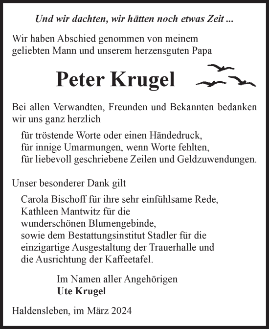 Traueranzeige von Peter Krugel von Volksstimme Haldensleben/Wolmirstedt