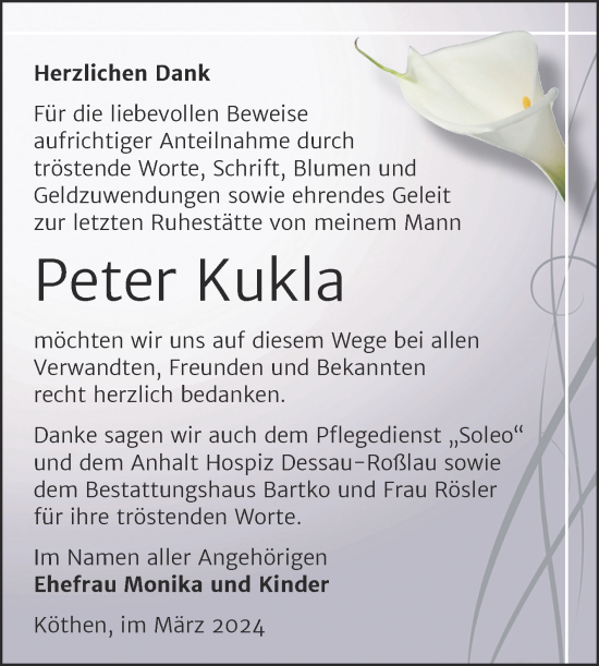 Traueranzeige von Peter Kukla von Trauerkombi Köthen