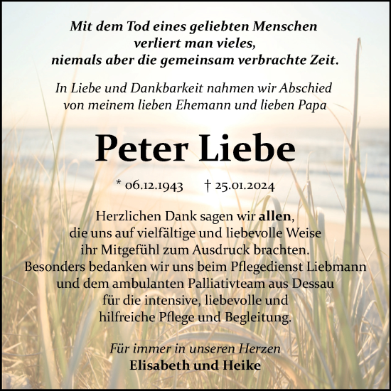 Traueranzeige von Peter Liebe von Trauerkombi Bitterfeld