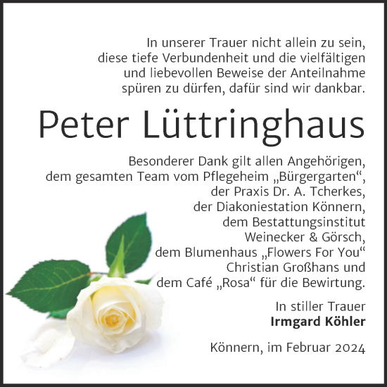 Traueranzeige von Peter Lüttringhaus von Trauerkombi Bernburg