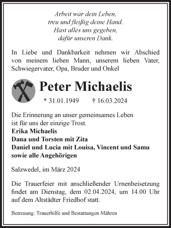 Traueranzeige von Peter Michaelis von Volksstimme Altmark West