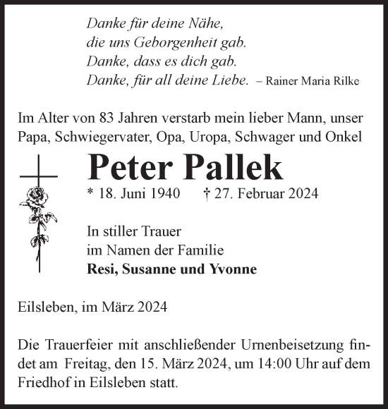 Traueranzeige von Peter Pallek von Volksstimme Oschersleben/Wanzleben
