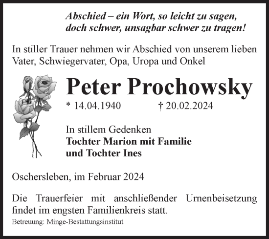 Traueranzeige von Peter Prochowsky von Volksstimme Oschersleben/Wanzleben