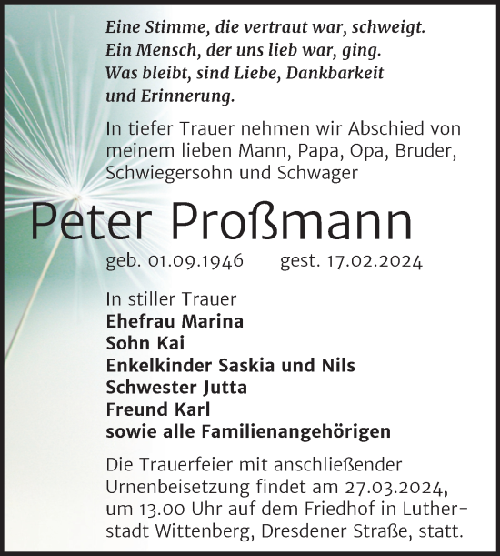 Traueranzeige von Peter Proßmann von Trauerkombi Wittenberg