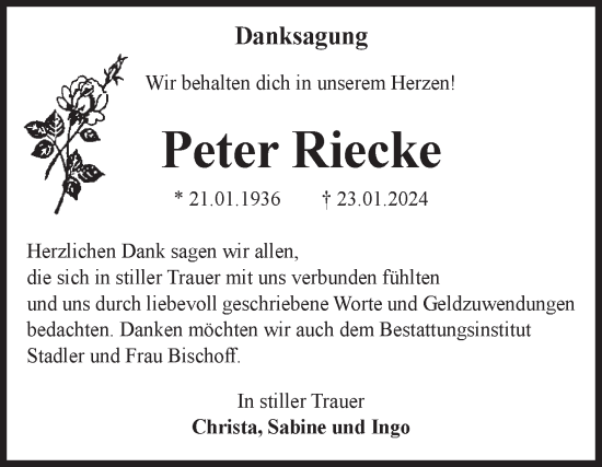 Traueranzeige von Peter Riecke von Volksstimme Haldensleben/Wolmirstedt
