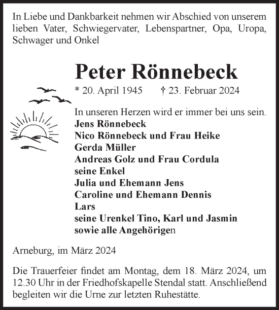 Traueranzeige von Peter Rönnebeck von Volksstimme Altmark Ost