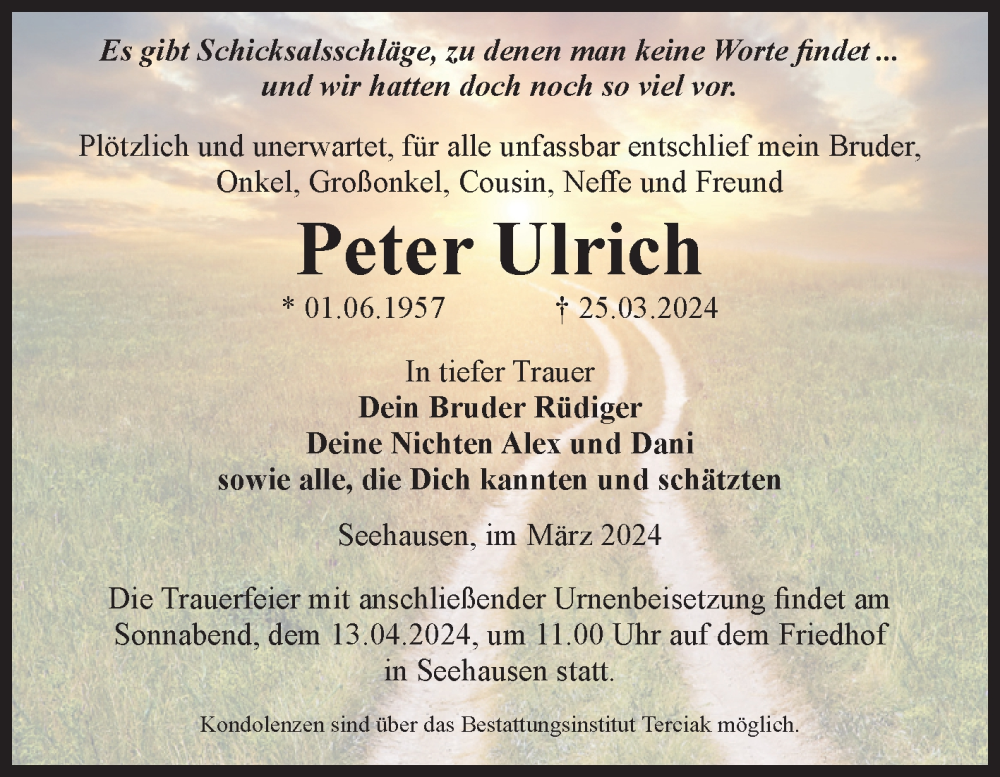  Traueranzeige für Peter Ulrich vom 30.03.2024 aus Volksstimme Oschersleben/Wanzleben