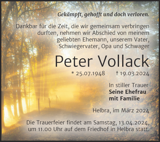 Traueranzeige von Peter Vollack von Trauerkombi Mansfelder Land