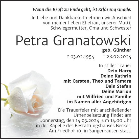 Traueranzeige von Petra Granatowski von Trauerkombi Sangerhausen