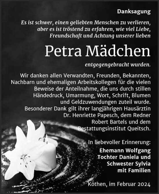 Traueranzeige von Petra Mädchen von Trauerkombi Köthen