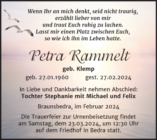 Traueranzeige von Petra Rammelt von Trauerkombi Merseburg