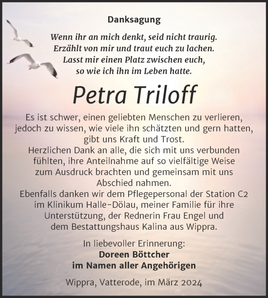 Traueranzeige von Petra Triloff von Mitteldeutsche Zeitung Mansfelder Land