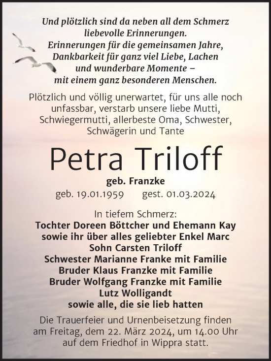 Traueranzeige von Petra Triloff von Mitteldeutsche Zeitung Mansfelder Land
