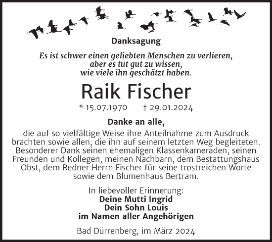 Traueranzeige von Raik Fischer von Trauerkombi Merseburg