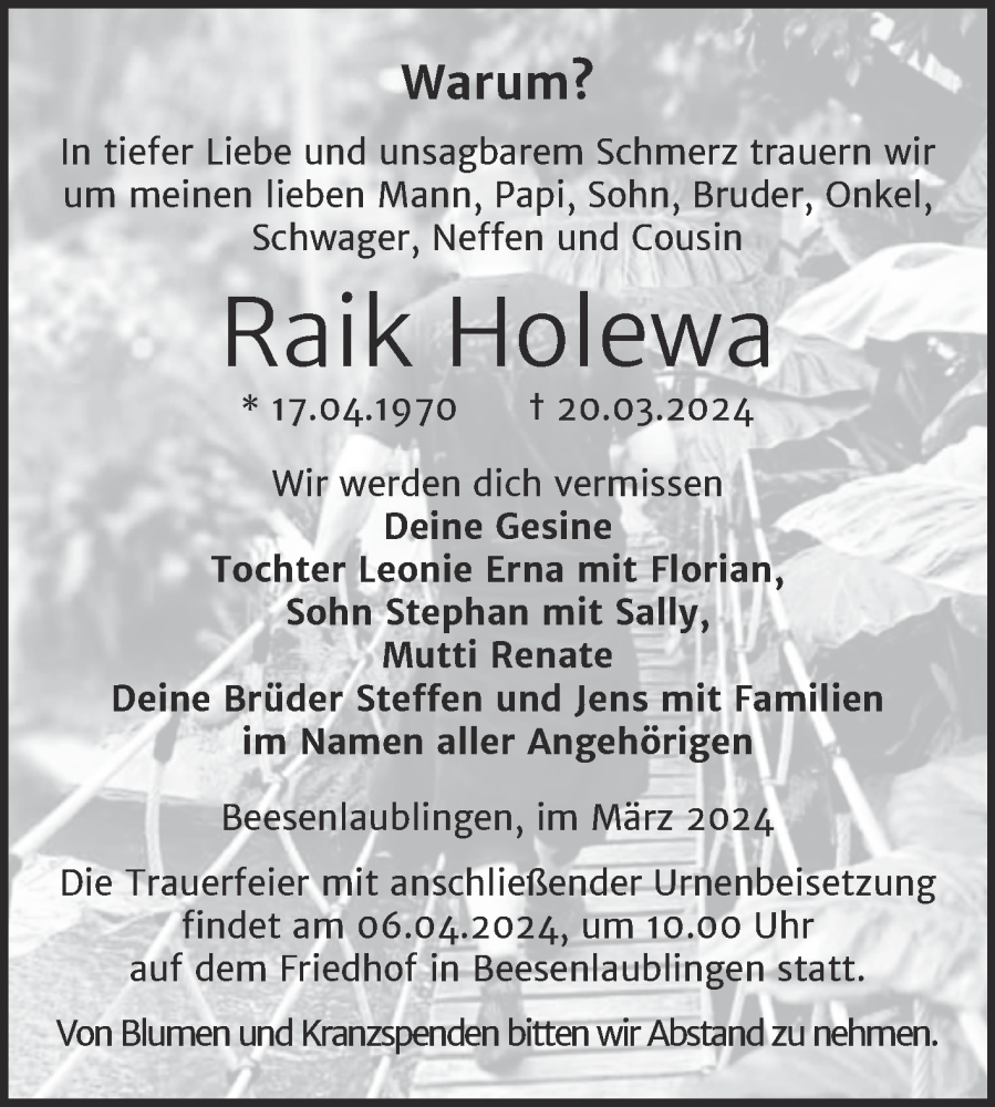  Traueranzeige für Raik Holewa vom 30.03.2024 aus Trauerkombi Bernburg