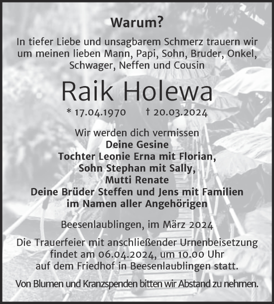 Traueranzeige von Raik Holewa von Trauerkombi Bernburg