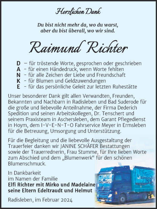 Traueranzeige von Raimund Richter von Trauerkombi Quedlinburg