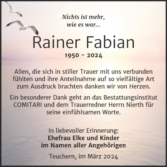 Traueranzeige von Rainer Fabian von Trauerkombi Weißenfels