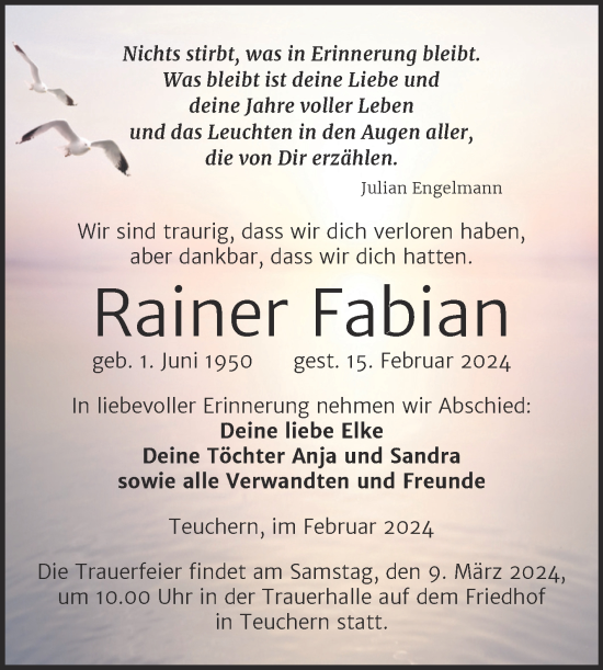 Traueranzeige von Rainer Fabian von Trauerkombi Weißenfels