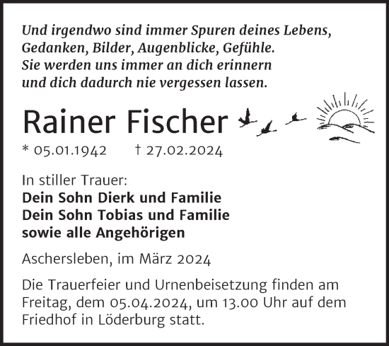 Traueranzeige von Rainer Fischer von Volksstimme Staßfurt