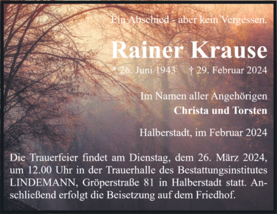 Traueranzeige von Rainer Krause von Volksstimme Halberstadt