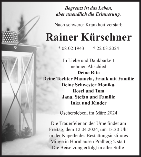 Traueranzeige von Rainer Kürschner von Volksstimme Oschersleben/Wanzleben
