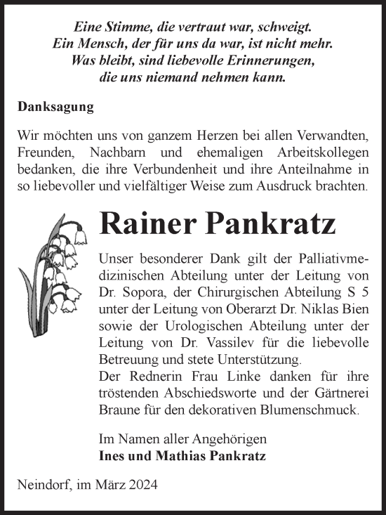 Traueranzeige von Rainer Pankratz von Volksstimme Oschersleben/Wanzleben