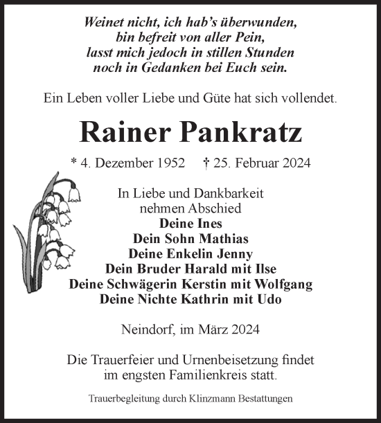 Traueranzeige von Rainer Pankratz von Volksstimme Oschersleben/Wanzleben