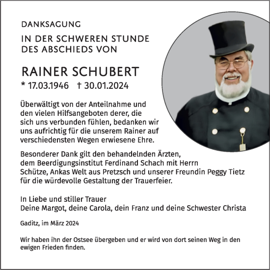 Traueranzeige von Rainer Schubert von Trauerkombi Wittenberg