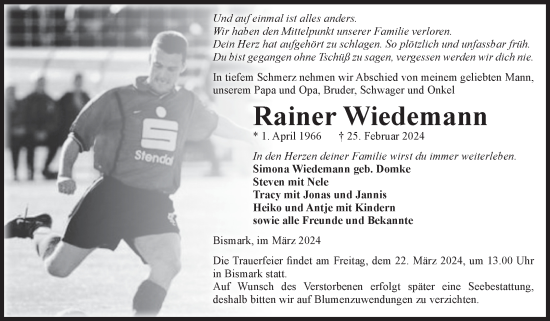 Traueranzeige von Rainer Wiedemann von Volksstimme Altmark Ost
