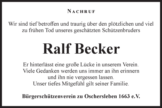 Traueranzeige von Ralf Becker von Volksstimme Oschersleben/Wanzleben