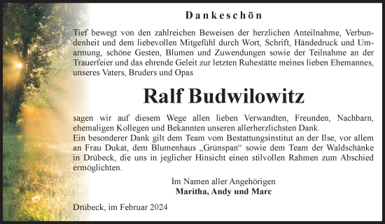 Traueranzeige von Ralf Budwilowitz von Volksstimme Wernigerode