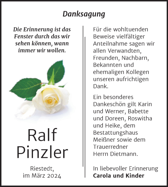 Traueranzeige von Ralf Pinzler von Trauerkombi Sangerhausen
