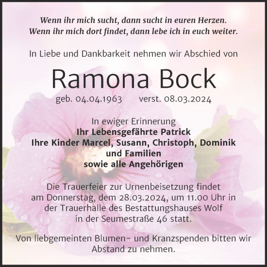 Traueranzeige von Ramona Bock von Trauerkombi Weißenfels