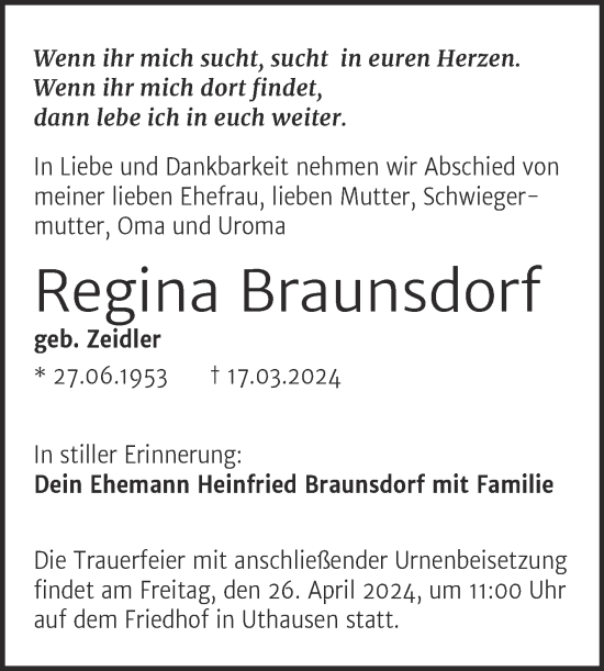 Traueranzeige von Regina Braunsdorf von Trauerkombi Wittenberg