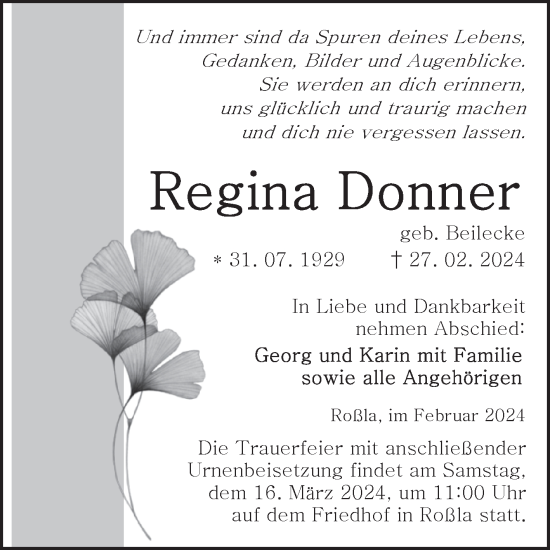 Traueranzeige von Regina Donner von Mitteldeutsche Zeitung Sangerhausen