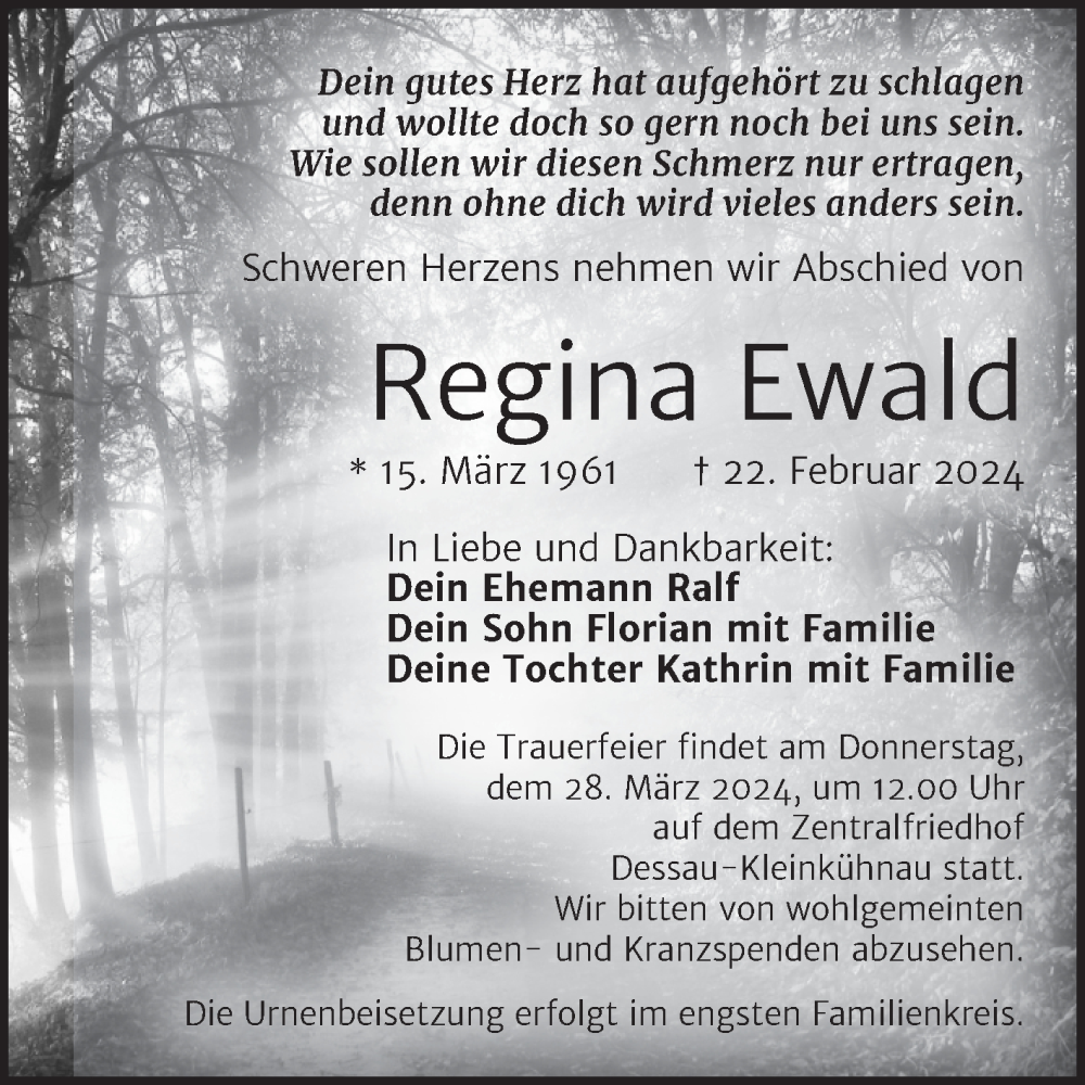  Traueranzeige für Regina Ewald vom 09.03.2024 aus Trauerkombi Dessau