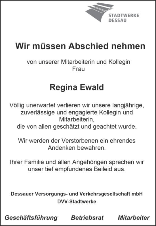 Traueranzeige von Regina Ewald von Mitteldeutsche Zeitung Dessau-Roßlau