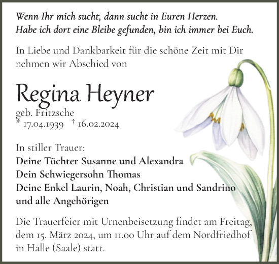 Traueranzeige von Regina Heyner von Mitteldeutsche Zeitung Halle/Saalkreis